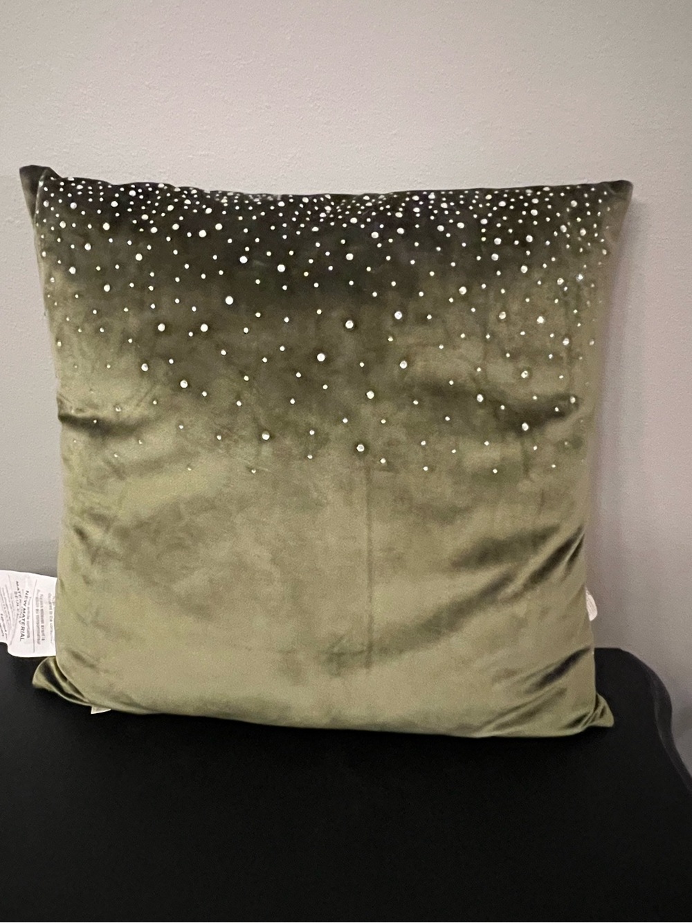 Olive Green Velvet Decorative Pillow with Rhinestone Accents